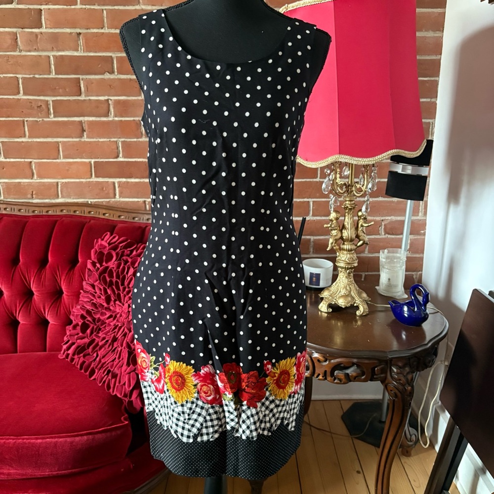 Vintage Black and Orange Sheath Dress Sleeveless Crew Neck Midi